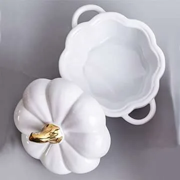 FYUEROPA Pumpkin Bowl Set with Lid and Handle, 14 Oz Ceramic Ramekins for Baking, Casserole Dish Individual Severing Pot, Stoneware, Oven Safe (White)