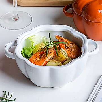 FYUEROPA Pumpkin Bowl Set with Lid and Handle, 14 Oz Ceramic Ramekins for Baking, Casserole Dish Individual Severing Pot, Stoneware, Oven Safe (White)