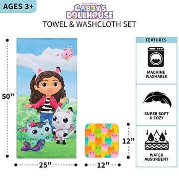 Franco Gabby's Dollhouse, Gabby, Mercat and Pandy Kids Bath/Pool/Beach Soft Absorbent Cotton Terry Towel with Washcloth 2 Piece Set, 50 in x 25 in, (Official DreamWorks Product)