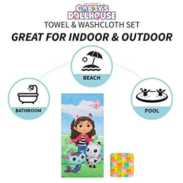 Franco Gabby's Dollhouse, Gabby, Mercat and Pandy Kids Bath/Pool/Beach Soft Absorbent Cotton Terry Towel with Washcloth 2 Piece Set, 50 in x 25 in, (Official DreamWorks Product)