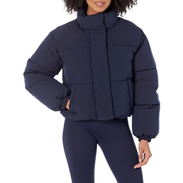 Amazon Essentials Women's Cropped Full-Zip Puffer Jacket (Quilted Matte or Sherpa Fleece), Navy, Small