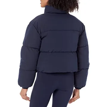 Amazon Essentials Women's Cropped Full-Zip Puffer Jacket (Quilted Matte or Sherpa Fleece), Navy, Small