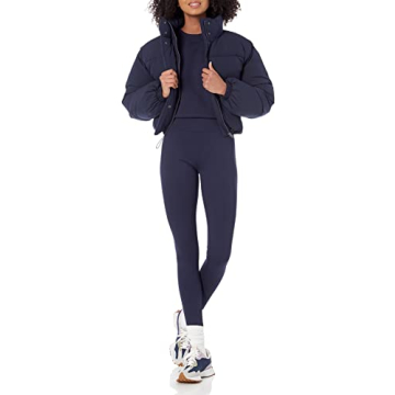 Amazon Essentials Women's Cropped Full-Zip Puffer Jacket (Quilted Matte or Sherpa Fleece), Navy, Small
