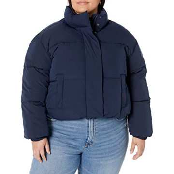 Amazon Essentials Women's Cropped Full-Zip Puffer Jacket (Quilted Matte or Sherpa Fleece), Navy, Small
