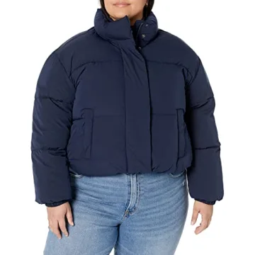 Amazon Essentials Women's Cropped Full-Zip Puffer Jacket (Quilted Matte or Sherpa Fleece), Navy, Small