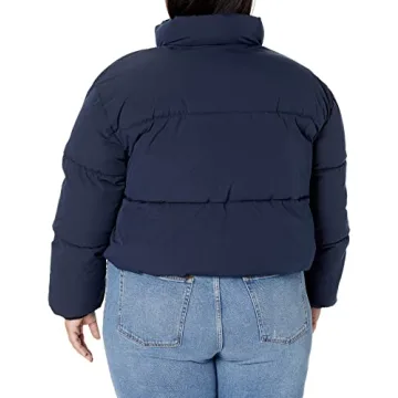 Amazon Essentials Women's Cropped Full-Zip Puffer Jacket (Quilted Matte or Sherpa Fleece), Navy, Small