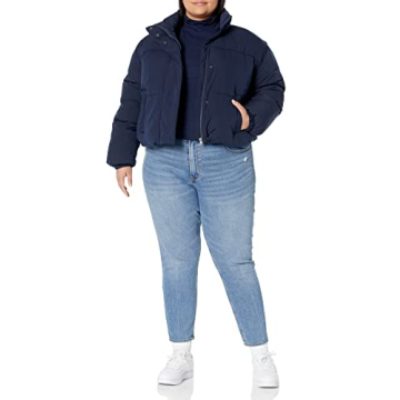 Amazon Essentials Women's Cropped Full-Zip Puffer Jacket (Quilted Matte or Sherpa Fleece), Navy, Small