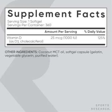 Sports Research Vitamin D3 1000iu with Coconut Oil for Immune Support