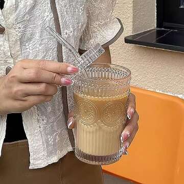 YAHUIPEIUS Glass Tumbler Stripe Vintage Drinking Glass Cup Coffee Cup With Lid and Straw,LIDS DON'T SECURE Drinking Glasses for Water,Iced Coffee,Milk,Tea,Juice (B-Vintage)