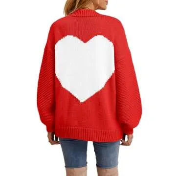 Tutorutor Womens Oversized Love Heart Pattern Print Open Front Cardigan Sweaters Casual Boho Valentine Loose Outwear Coat Red