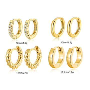 4 Pairs 14k Gold Hoop Earrings Set Twisted Glossy Zirconia Small Huggie Earrings For Multiple Piercing Cuff Cartilage Jewelry For Women