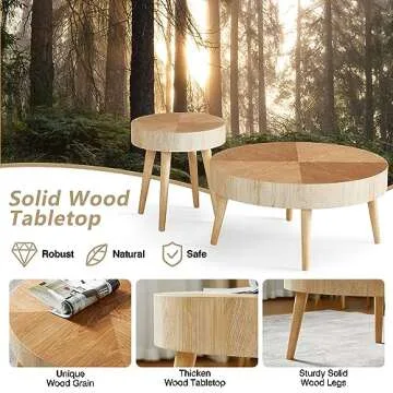 2 Pieces Round Wood Coffee Table Set, Modern Sofa Edge Nested Table, Suit for Farmhouse, Bedroom and Living Room
