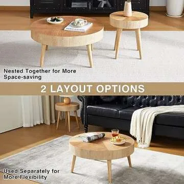 2 Pieces Round Wood Coffee Table Set, Modern Sofa Edge Nested Table, Suit for Farmhouse, Bedroom and Living Room