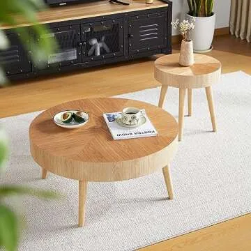 2 Pieces Round Wood Coffee Table Set, Modern Sofa Edge Nested Table, Suit for Farmhouse, Bedroom and Living Room