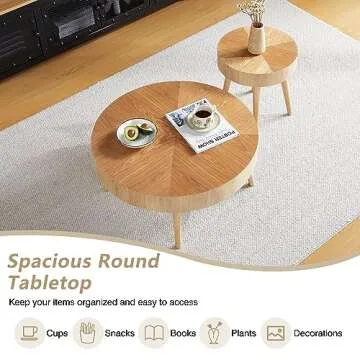 2 Pieces Round Wood Coffee Table Set, Modern Sofa Edge Nested Table, Suit for Farmhouse, Bedroom and Living Room