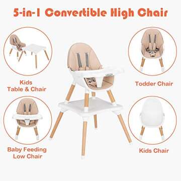 JOYMOR 5-in-1 Convertible Baby High Chair for Babies and Toddlers, Table and Chair Set, Wooden Infant Eating Highchair with Leather Seat Cushion, 4-Position Removeable & Adjustable Tray (Biege)