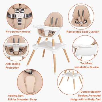 JOYMOR 5-in-1 Convertible Baby High Chair for Babies and Toddlers, Table and Chair Set, Wooden Infant Eating Highchair with Leather Seat Cushion, 4-Position Removeable & Adjustable Tray (Biege)