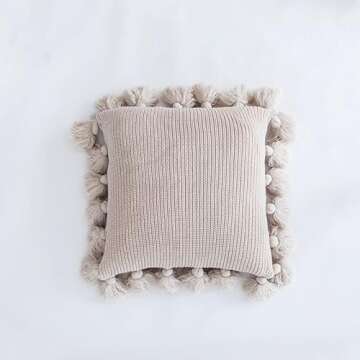 DOKOT Throw Pillow Covers, Boho Pillow Covers, Pillow Cover Tassels, Fringe Pillow Cover, Decorative Throw Pillow with Pom Poms Tassels, Pom Pom Pillow 18x18 Inches, Beige