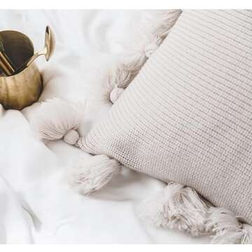 DOKOT Throw Pillow Covers, Boho Pillow Covers, Pillow Cover Tassels, Fringe Pillow Cover, Decorative Throw Pillow with Pom Poms Tassels, Pom Pom Pillow 18x18 Inches, Beige