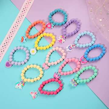 PinkSheep Rainbow Bracelet Colorful Beaded Bracelets for Little Girls Basket Stuffers Unicorn Butterfly Bunny Charm Bracelets Bead Jewelry Cute Elastic Bracelets Party Favors