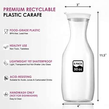 6 Pack Large 50 Oz Water Carafe with White Flip Top Lid, Clear Plastic Juice Jar Containers, Mimosa ...