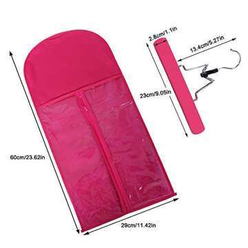 2 Pack Hair Extensions Wigs Storage Bag with Wooden Hanger Dust-proof Protective Wig Storage Holder Portable Suit with Transparent Zip Up Closure (Rose Red)