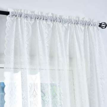 Kotile Short Lace Curtains 54 Inch Length 2 Panels Set, Country Rustic Paisley Floral Vintage Sheer Lace Curtains for Bedroom, Rod Pocket Privacy Damask Medallion Sheer Curtains, 52 x 54 Inch, Ivory