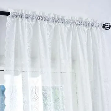 Kotile Short Lace Curtains 54 Inch Length 2 Panels Set, Country Rustic Paisley Floral Vintage Sheer Lace Curtains for Bedroom, Rod Pocket Privacy Damask Medallion Sheer Curtains, 52 x 54 Inch, Ivory