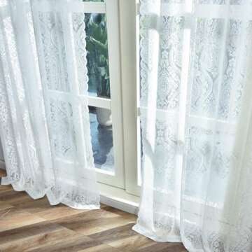 Kotile Short Lace Curtains 54 Inch Length 2 Panels Set, Country Rustic Paisley Floral Vintage Sheer Lace Curtains for Bedroom, Rod Pocket Privacy Damask Medallion Sheer Curtains, 52 x 54 Inch, Ivory