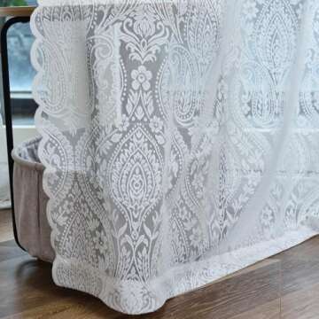 Kotile Short Lace Curtains 54 Inch Length 2 Panels Set, Country Rustic Paisley Floral Vintage Sheer Lace Curtains for Bedroom, Rod Pocket Privacy Damask Medallion Sheer Curtains, 52 x 54 Inch, Ivory