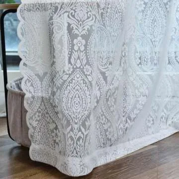 Kotile Short Lace Curtains 54 Inch Length 2 Panels Set, Country Rustic Paisley Floral Vintage Sheer Lace Curtains for Bedroom, Rod Pocket Privacy Damask Medallion Sheer Curtains, 52 x 54 Inch, Ivory