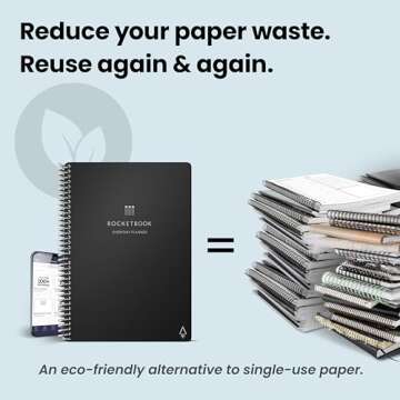 Rocketbook Smart Reusable Everyday Planner. Week, Month, Annual, To-Do List, Goal Templates. Journal and Notebook Pages. Undated Organizer, 6" x 8.8" Executive Size with Pen and Cloth, Black