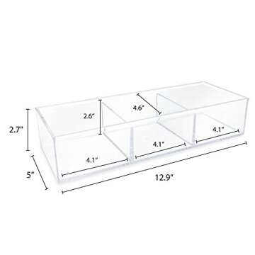Isaac Jacobs Large 3-Compartment Acrylic Stackable Organizer (12.9" L x 5" W x 2.7" H), Multi-Sectional Tray & Storage Solution for Makeup, Craft Supplies, Bathroom, Kitchen, Office (Clear)