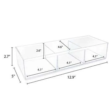 Isaac Jacobs Large 3-Compartment Acrylic Stackable Organizer (12.9" L x 5" W x 2.7" H), Multi-Sectional Tray & Storage Solution for Makeup, Craft Supplies, Bathroom, Kitchen, Office (Clear)