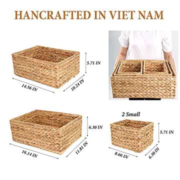 ABEL CRAFTS Wicker Basket Organizer Rectangle Water Hyacinth Storage Baskets Set Of 4 Organizing Bat...