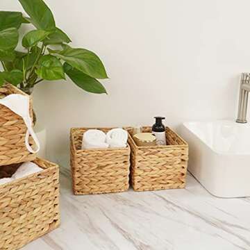 ABEL CRAFTS Wicker Basket Organizer Rectangle Water Hyacinth Storage Baskets Set Of 4 Organizing Bathroom Bedroom Kitchen Shelves Pantry Natural Woven Baskets Rectangular
