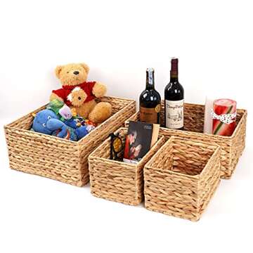 ABEL CRAFTS Wicker Basket Organizer Rectangle Water Hyacinth Storage Baskets Set Of 4 Organizing Bathroom Bedroom Kitchen Shelves Pantry Natural Woven Baskets Rectangular