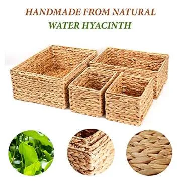 ABEL CRAFTS Wicker Basket Organizer Rectangle Water Hyacinth Storage Baskets Set Of 4 Organizing Bathroom Bedroom Kitchen Shelves Pantry Natural Woven Baskets Rectangular