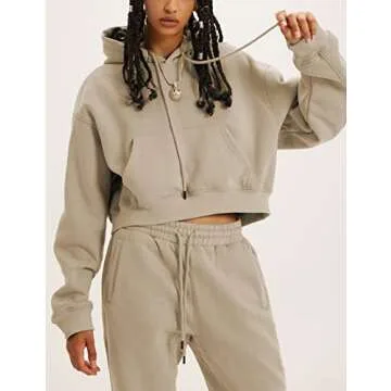 LTSCNRM Women's 2 Piece Airport Outfits Fleece Crop Hoodies Pullover Sweatshirt Sweatsuits Joggers Pants Pockets(Khaki-XL)