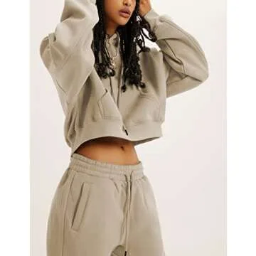 LTSCNRM Women's 2 Piece Airport Outfits Fleece Crop Hoodies Pullover Sweatshirt Sweatsuits Joggers Pants Pockets(Khaki-XL)