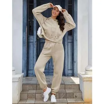 LTSCNRM Women's 2 Piece Airport Outfits Fleece Crop Hoodies Pullover Sweatshirt Sweatsuits Joggers Pants Pockets(Khaki-XL)