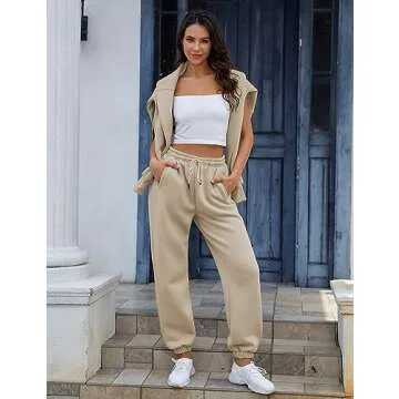 LTSCNRM Women's 2 Piece Airport Outfits Fleece Crop Hoodies Pullover Sweatshirt Sweatsuits Joggers Pants Pockets(Khaki-XL)