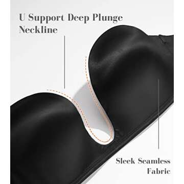 HACI Women's Plunge Deep U Strapless Bra Push Up Demi Seamless Underwire(Black,36C)