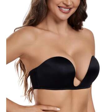 HACI Women's Plunge Deep U Strapless Bra Push Up Demi Seamless Underwire(Black,36C)