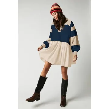 SAUKOLE Sweatshirt Dress for Women Casual Relaxed Fit Swing Dress Cute Color Block Pleated Pullover Mini Dress