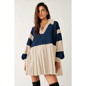 SAUKOLE Sweatshirt Dress for Women Casual Relaxed Fit Swing Dress Cute Color Block Pleated Pullover Mini Dress