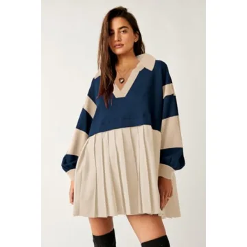 SAUKOLE Sweatshirt Dress for Women Casual Relaxed Fit Swing Dress Cute Color Block Pleated Pullover Mini Dress