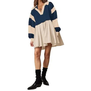 SAUKOLE Sweatshirt Dress for Women Casual Relaxed Fit Swing Dress Cute Color Block Pleated Pullover Mini Dress