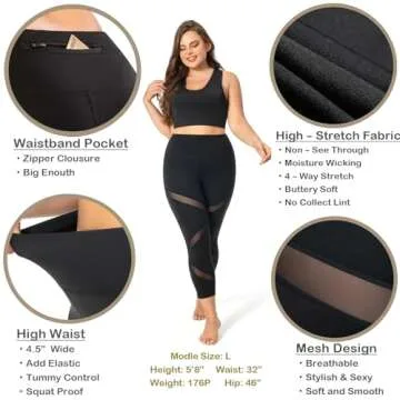 MEJING Plus Size Workout Leggings with Pockets, Womens Capri Yoga Pants High Waisted Tummy Control Mesh Activewear Athletic Leggins Black 2XL