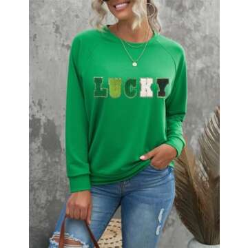 Ecosunny Women's White Sequin St Patrick Clover Patch Sweatshirt Holiday Graphic Shirt Crewneck Long Sleeve Pullover Tops